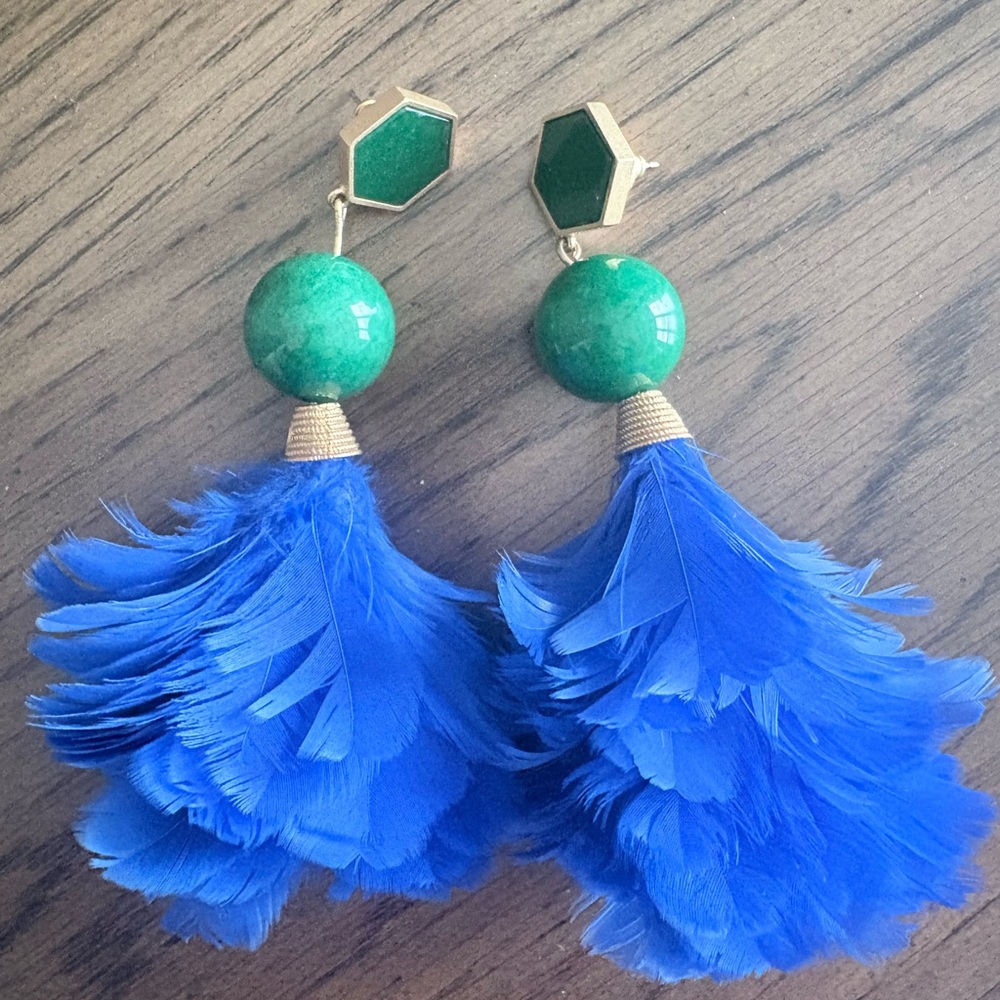 Tory Burch Green and Blue Feather Earrings